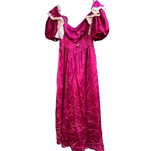 Vintage Gunne‎ Sax Burgundy Satin Pink Lace Short Puff Sleeve Maxi Dress No Size - Picture 2 of 16